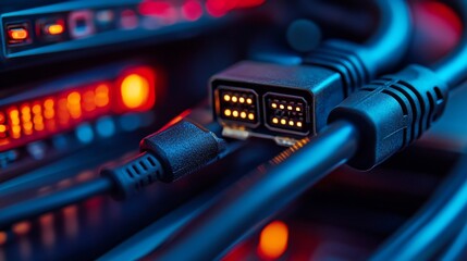 Close-up of computer cables and connectors with red and blue lighting.