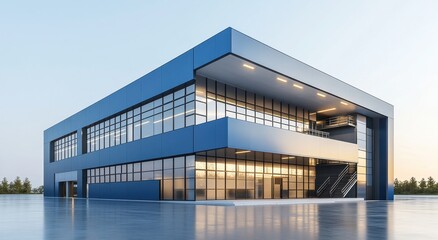 Fototapeta premium Modern industrial building with steel and glass exterior in sunlight