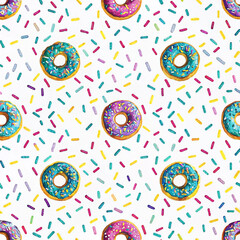Fototapeta premium Seamless pattern of glazed donuts with sprinkles.