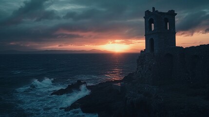 Dramatic sunset over ocean with ancient stone tower ruins on cliff.
