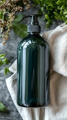 A bottle of shampoo sits on a towel. The bottle is black and the towel is white. The towel is folded and placed on a counter