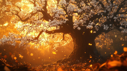 Surreal Autumn Scene of a Majestic Oak Tree Blooming with Delicate White Jasmine Flowers, Contrasting Against Deep Orange and Golden Fall Leaves in Warm Sunset Glow