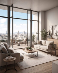 Beige minimalist living room in spacious second floor window with city views and modern design aesthetic Interior Design Inspiration