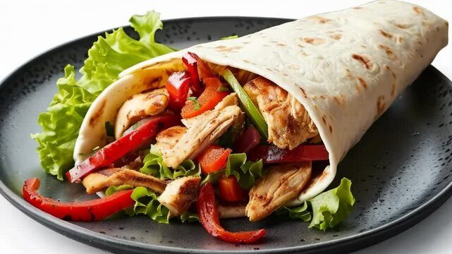 Chicken fajita wrap on a grey plate. Collection isolated on transparent background
