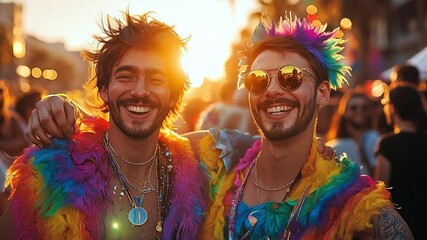 Joyful Duo at Pride: Two radiant men, embracing and celebrating in the midst of a lively Pride festival, bathed in the warm glow of the sun and surrounded by a crowd, full of life and colors