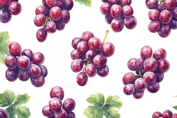 Obraz premium Colorful clusters of red grapes surrounded by green leaves on a white background create a fresh and vibrant visual