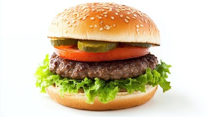 A delicious hamburger with fresh vegetables floating on a white background.