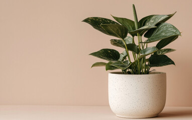 Obraz premium Speckled Leaf Houseplant in White Pot Against Peach Background