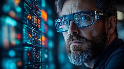 A man with glasses studies data screens carefully