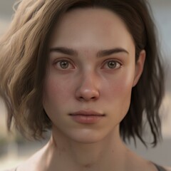 Fototapeta premium A highly detailed, hyper-realistic close-up portrait of an AI-generated human face. This digital artwork features lifelike skin textures, expressive eyes, and natural lighting.