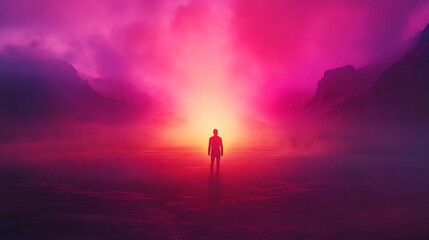 Solitary figure in a vibrant, surreal landscape with a glowing light source.