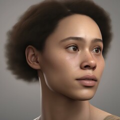 Naklejka premium A highly detailed, hyper-realistic close-up portrait of an AI-generated human face. This digital artwork features lifelike skin textures, expressive eyes, and natural lighting.