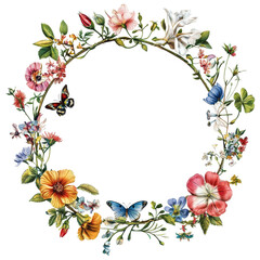 Fototapeta premium Floral circle border illustration featuring butterflies and blossoms on a transparent background, perfect for invitations or decor, circle border floral isolated on transparent background