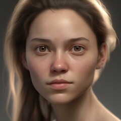 Fototapeta premium A highly detailed, hyper-realistic close-up portrait of an AI-generated human face. This digital artwork features lifelike skin textures, expressive eyes, and natural lighting.