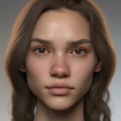 Fototapeta premium A highly detailed, hyper-realistic close-up portrait of an AI-generated human face. This digital artwork features lifelike skin textures, expressive eyes, and natural lighting.
