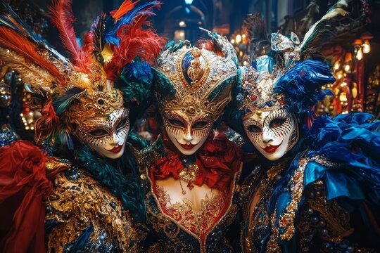 Individuals adorned with masquerade masks create an air of mystery and intrigue.