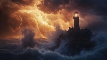 Fototapeta premium Lighthouse enduring stormy sea and lightning.