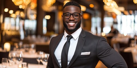Fototapeta premium photo of friendly entrepreneur standing in five-star restaurant 