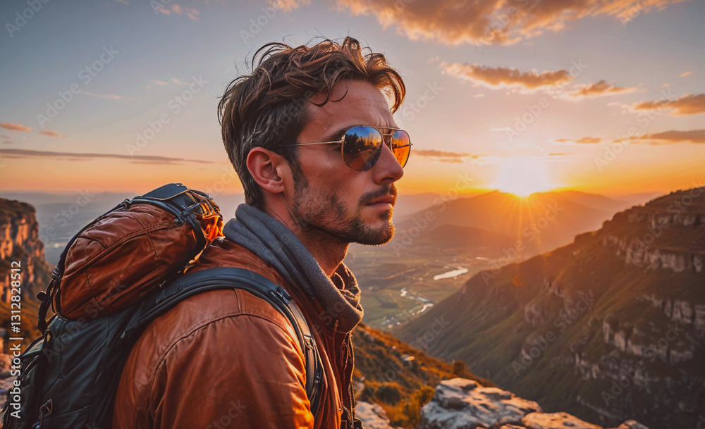 Poster man wearing sunglasses and a brown jacket is standing on a mountain top. the sun is setting in the b