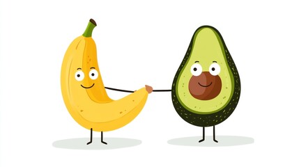 Cartoon fruits holding hands, cheerful food illustration, fun healthy snack, kids' meal