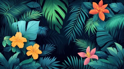Tropical Foliage and Colorful Hibiscus Flowers Creates a Lush Floral Pattern