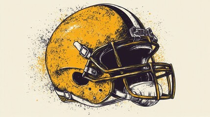 A detailed vector illustration of an American football helmet in yellow, featuring an intricate hand-drawn sketch style.