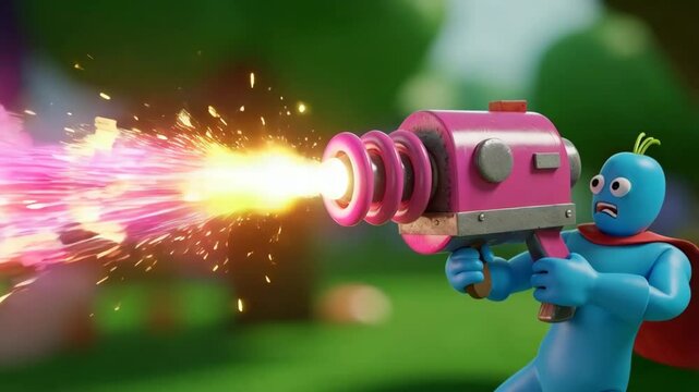 Cartoon Hero with Ray Gun blasting Away in a Colorful World