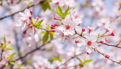 Fototapeta premium Zarte rosa Kirschblüten (Sakura) blühen an Zweigen, während Blütenblätter im Sonnenlicht durch die Luft tanzen. Ein poetisches Frühlingsmotiv. Generative KI.