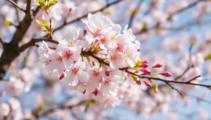 Fototapeta premium Zarte rosa Kirschblüten (Sakura) blühen an Zweigen vor einem strahlend blauen Himmel. Ein frisches und lebendiges Frühlingsmotiv. Generative KI.