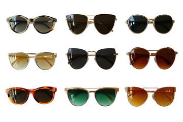 Stylish collection of retro sunglasses displayed on a bright background showcasing various colors and shapes