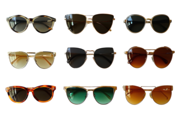 Stylish collection of retro sunglasses displayed on a bright background showcasing various colors and shapes
