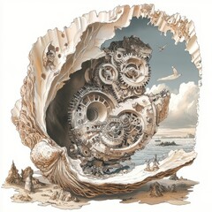 A large seashell contains complex mechanical gears inside it