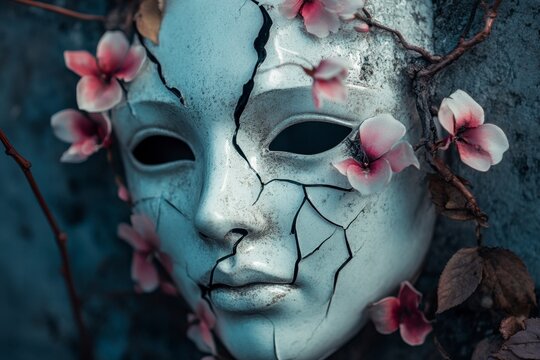 Cracked Ceramic Face Mask Adorned with Delicate Pink Blossoms and Dark Twigs Creates an Artistic Aesthetic - Powered by Adobe