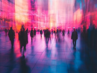Abstract city crowd motion blur at night with pink and blue light.