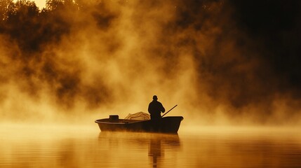 Solitary fisherman in a small boat on a misty lake at sunrise. (1)