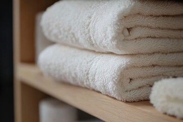 Stacked white terrycloth towels on wooden shelf, cozy spa atmosphere, home bathroom essentials, soft and plush, folded linen