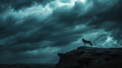 Lone wolf standing on a clifftop silhouetted against a dramatic stormy sky.