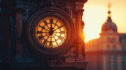 Big Ben clock face illuminated by golden sunlight at sunset, capturing London’s historic charm, architectural grandeur, and iconic cityscape, Generative AI