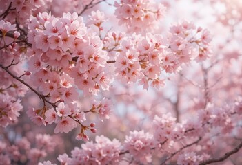 Naklejka premium Nahaufnahme von zarten rosa Kirschblüten (Sakura) an einem Ast, leuchtend im sanften Sonnenlicht vor hellem Frühlingshimmel. Ein Symbol für Schönheit und Neubeginn. Generative KI.