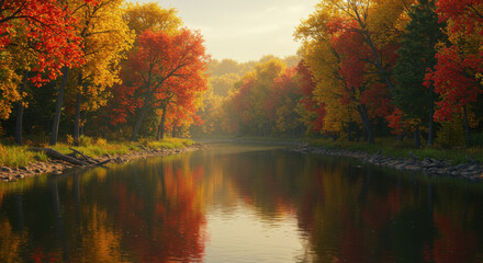 A Serene River Landscape With Vibrant Autumn Foliage Reflecting In Calm Water Digital Photography