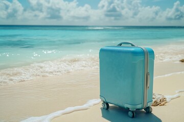 Light blue suitcase on a tropical beach with turquoise ocean waves.