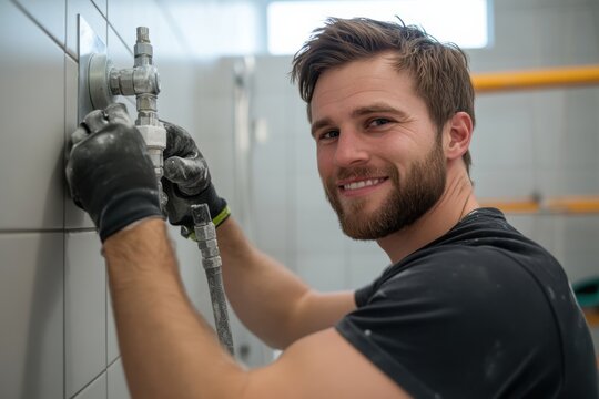 A young plumber smiling while working on plumbing installation, showcasing his skills and craftsmanship in a clean, modern work environment focused on quality service.