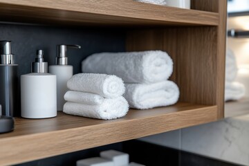 This image showcases a neatly arranged set of white towels on a wooden shelf, symbolizing cleanliness, order, and modern bathroom aesthetics for a serene environment.