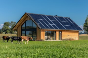 A modern rural farmhouse with solar panels installed on the roof, representing sustainable energy, green technology, and eco-friendly agriculture, Generative AI