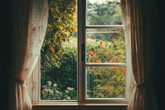 Tranquil View Through Open Window: Lush Garden, White Curtains, Natural Light - Cozy Interior