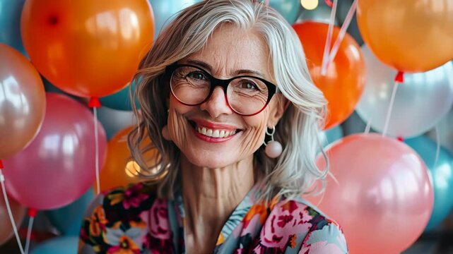 of happy senior woman with gray hair in elegant clothes and eyeglasses smiling and looking at balloons during nerds party