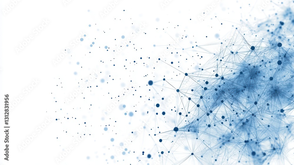 Poster a digital abstract design featuring blue dots and lines, isolated on a white background.