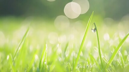 Closeup Dewdrop on Lush Green Grass Blades,  Nature Photography