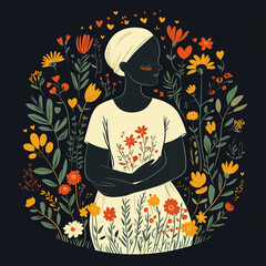 Illustration of midwife surrounded by symbolic flowers, hands, and hearts