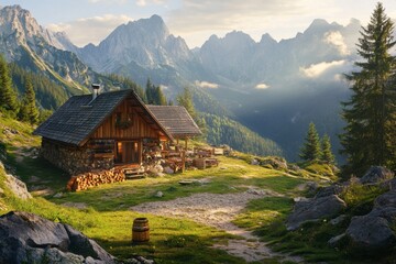 Rustic Log Cabin at Mountain Retreat Amidst Forest and Peaks - Serene Alpine Scenery